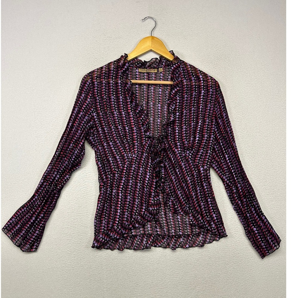 Y2K Retro Notations Women PS Purple Ruffle Tie Front Sheer Chiffon Blouse Whimsy